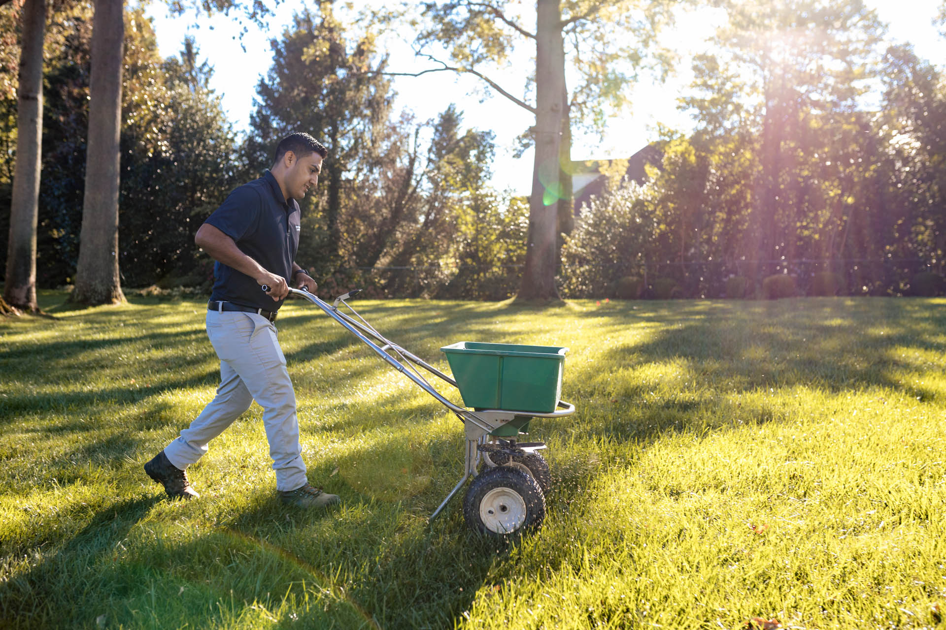 A technician applying treatments to a lush green lawn.